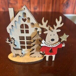 Wooden Reindeer & House Christmas Ornament Decor by silver tree